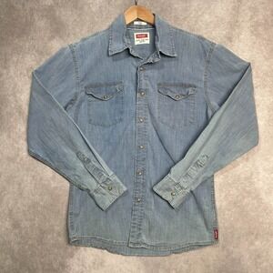 Wrangler Shirt Mens Medium Indigo Blue  Denim Western Pearl Snap Front